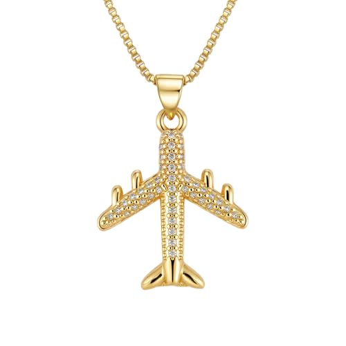 Gold Cross Necklace for Women, 18K Gold Plated Airplane Shape Cubic Zirconia Aviation Pendant, Hypoallergenic Jewelry, Dainty Gift for Travel Lovers