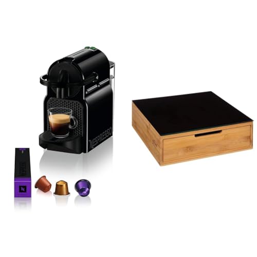 Nespresso De'Longhi EN 80.B Inissia, Hochdruckpumpe, Energiesparfunktion, kompaktes Design, 1260W, 32 x 12 x 23 cm, Dunkle Schwarz & Kapselständer 2 schubladen bambus - 5 five simply smart