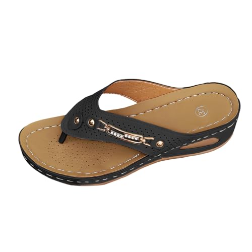Sandalias de cuña para mujer, con soporte de arco, para yoga, cómodas, para caminar, para interiores y exteriores, para verano, correa de piel, zapatos de playa ortopédicos, Black, 39 1/3 EU