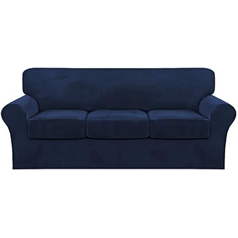FantasDecor 4 Piece Sofa Velvet Couch Covers for 3 Cushion Stretch Slipcover with Individual Seat Cushion Elastic Furniture Protector for Pets, Machine Washable (Sofa, Navy) Cover