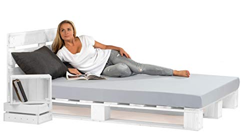 sunnypillow 180x200 cm Palettenbett mit Kopfteil Weiß Massivholzbett Bett aus Paletten Palettenmöbel Fichte europalette Weiss 80 90 100 120 140 160 180 200 220 240 x 200cm