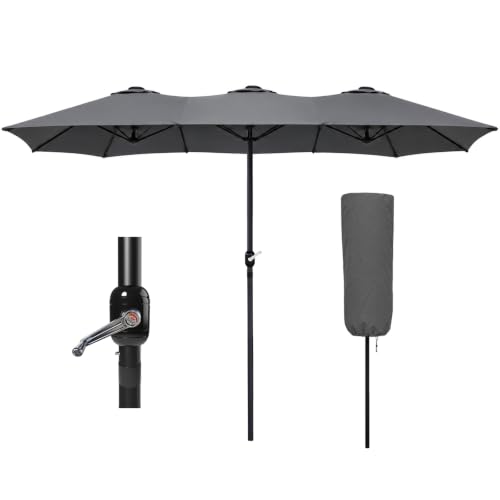 VOUNOT 4.6m Double Garden Parasol Extra Large Rectangular Patio Table Umbrella with Crank Handle Protective Cover UV 50+ Grey