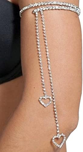 Rhinestone Upper Arm Bracelet Crystal Tassel Open Arm Chain Bangle Adjustable Bracelets Rhinestone Wedding Bridal Arm Chain Bangle Jewelry for Women (Heart-silver)