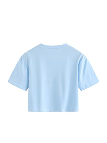 Sweatyrocks Women's Summer Casual Short Sleeve Rainy Print Cute Crop Top T-Shirt Blue M #TOP1