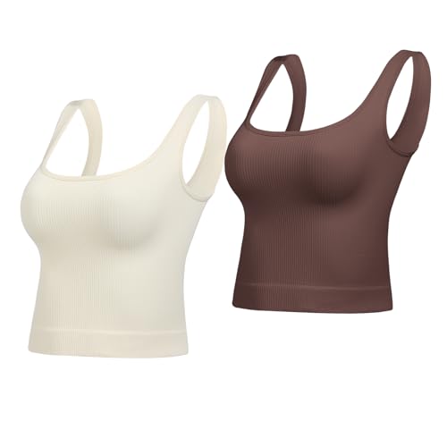 Lemef Crop Tops for Women Basic Seamless Ribbed Tank Top Square Neck Summer Teens Top Cute Workout Top Beige Coffee S