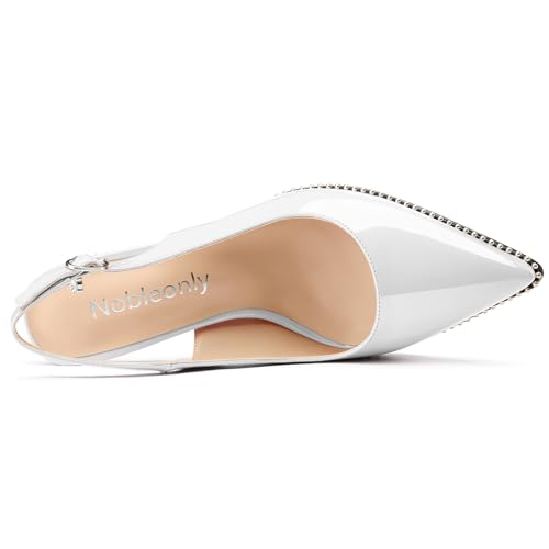 Image of NobleOnly Slingback Beaded Pumps for Women High Stiletto Heel Pointed Toe Slip-on Dress Sandals Adjustable Buckle Rhinestone Patent Leather 3.9 Inches Heels