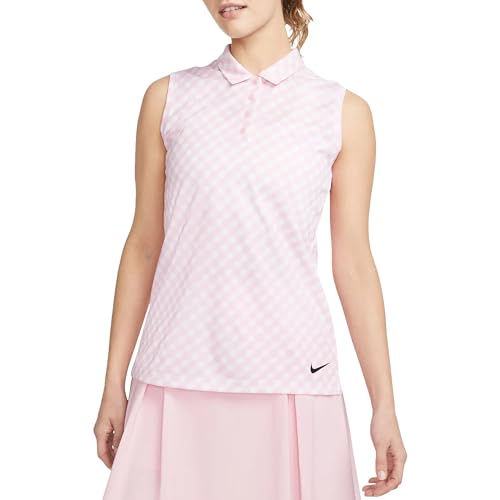 Nike Camisa polo feminina Dri-Fit Victory sem mangas estampada Golf, Rosa macio/preto, PP