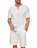 COOFANDY Men 2 Piece Outfits Sets Lace Up Henley Shirts Linen Short Sleeve Casual Medieval Shirt White Large