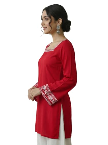 Image of MAHIRA'S Comfort Women's Short Kurti, Rayon Tunic Top with 3 /4 Embroidered Designer Sleeves | Soft Breathable Fabric | Office & Casual Kurti for Jeans, Leggings & Trousers