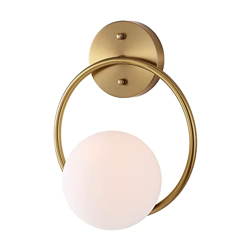 BAODEN Modern Globe Wall Sconce Industrial Bathroom Vanity Wall Lamp with White Globe Glass Shade Mid Century Gold Wall Light Fixture for Bedroom