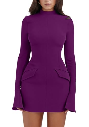 Image of YMDUCH Women's Long Sleeve Mock Neck Bodycon Mini Party Dress