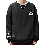 [Bligo] スウェット tシャツ メンズ 長袖 トレーナー クルーネック 冬服 大きいサイズ スマイリー レター 刺繡 プルオーバー ゆったり おしゃれ カジュアル ファッション 春服 秋服 かわいい Black-8XL