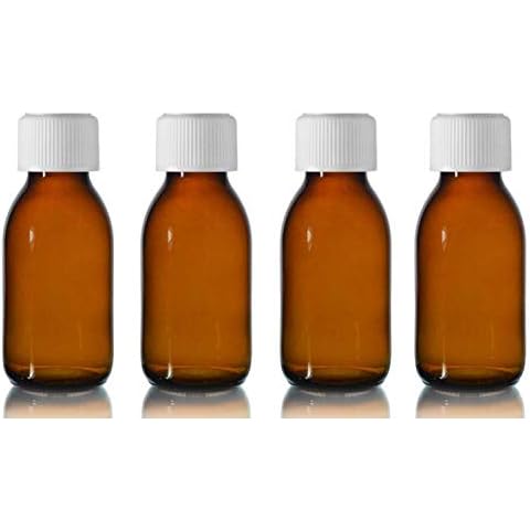 100ml Amber Glass Bottles with white Medicap lids ~ Pack of 4 ~ Child resistant closure, refillable, reusable, and travel sized strong medicine bottle Cover