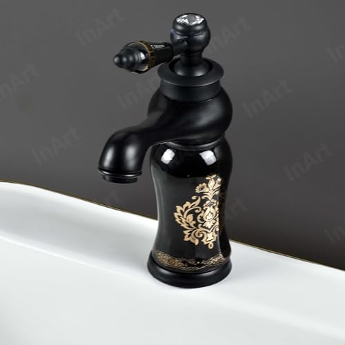 Image of InArt Black Glossy Finish Basin Pillar Cock Tap Faucet for Wash Basin, Hot & Cold Water Mixer, Single Handle, Waterfall Design, Table Mount /Deck Mount (Black) Zinc