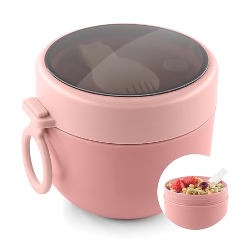 HUAERSICO Frühstücksbecher To Go mit Klapplöffel, 600 ml Fruchtsalat-Becher To Go Kinder, für...