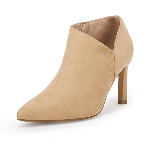 Coutgo Womens Pointed Toe V Cut Ankle Boots Kitten Heel Side Zip Office Booties, Light Khaki, 8