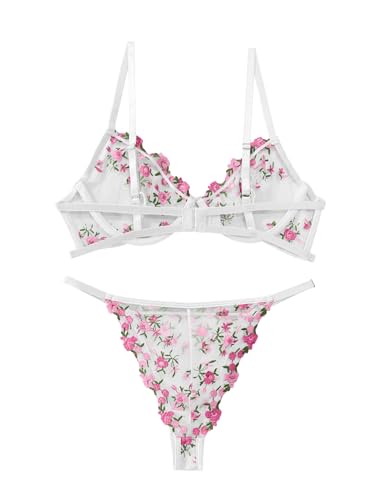 Image of Lilosy Sexy Floral Embroidered Mesh Sheer Underwire Lingerie Set
