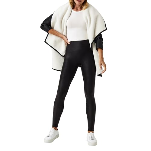 SPANX Faux Leather Fleece-Lined Leggings - Tummy Control Legging - Contoured Power Waistband Stomach Compression - High Waist - Black - L