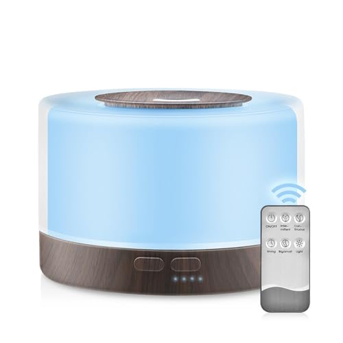 Difusor de aceite esencial, humidificador de niebla fría, difusor de aceite esencial con control remoto de 700 ml con cambio de luz de 7 colores, apagado automático sin agua, difusor de aromaterapia
