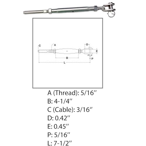 3/16" Cable Quijada y Pernio de Abrazadera Tensor 5/16" Rosca Acero Inoxidable 4 Piezas miniatura 3