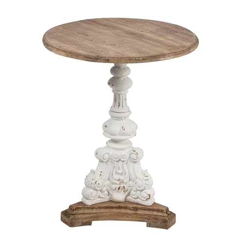 Strawberry Fairy Antique White Round Side Table, 22.5 inch with Carved Pedestal Base, French Country Style, 27 inches Height
