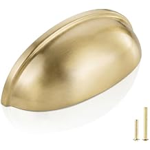 QOGRISUN 2-Pack Solid Brass Cabinet Bin Pulls,Gold Cup Drawer Dresser Handles,3-Inch Hole Center,Kitchen Cupboard Konbs Hardware, Brushed Brass Finish