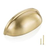 QOGRISUN 5-Pack Solid Brass Cabinet Bin Pulls,Gold Cup Drawer Dresser Handles,3-Inch Hole Center,Kitchen Cupboard Konbs Hardware, Brushed Brass Finish