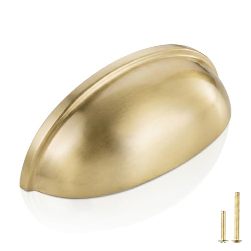 QOGRISUN 10-Pack Solid Brass Cabinet Bin Pulls,Gold Cup Drawer Dresser Handles,3-Inch Hole Center,Kitchen Cupboard Konbs Hardware, Brushed Brass Finish
