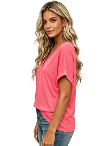 Image of T Shirts Short Sleeve V Neck Tees Womens Tops Beach Vacation Fashion Clothes 2026 Casual Summer Spring Fall Outfits