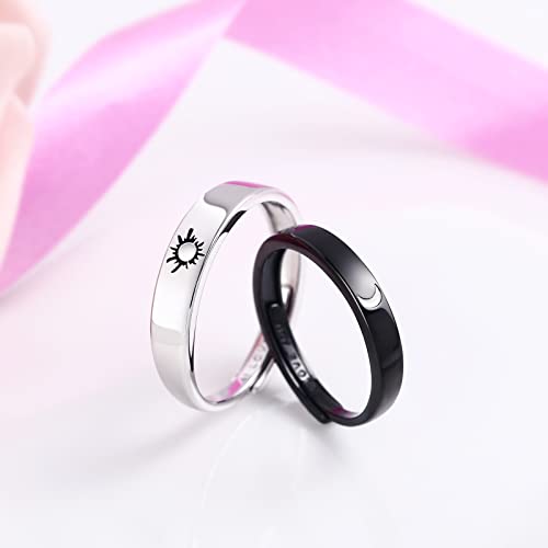 Image of Beydodo 925 Silver Rings Custom Adjustable Sun and Moon Matching Rings Engraved I Love You Couples Rings Wedding