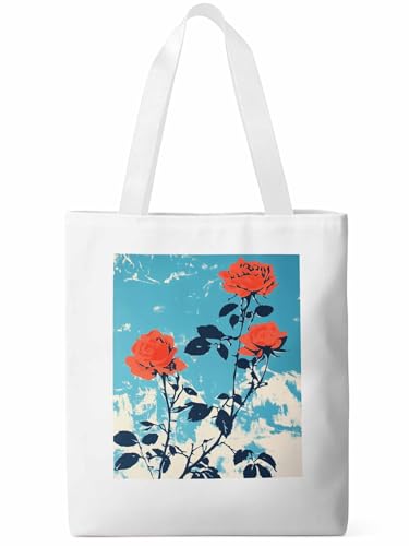 Red Botanical Floral Herbs Canvas Tote Bag, Aesthetic Canvas Tote Handbags for Women Shoulder Bag