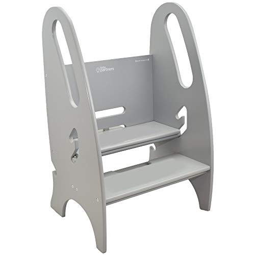 Little Partners 3-in-1 Growing Step Stool Toddler Tower Helper, Wooden Toddler Standing Stool for Bathroom or Kitchen, Anti-Slip Feet, Safety Hand Rails Up to 200 lbs. (Stone Grey)
