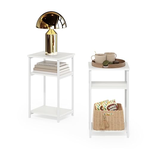 Image of Furinno JUST 3-Tier Telephone Table Set of 2, Metal Frame Modern Side Table with Open Shelf, Night Stand, Bedside Table, Easy Assembly, for Living Room, Bedroom, White