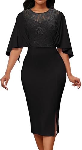 sexycherry Frauen Sexy Bodycon Kleider Clubwear Elegant Rundhals Langarm Stretchy Bleistift Cocktailkleid mit Reißverschluss, Spitze/Schwarz,...