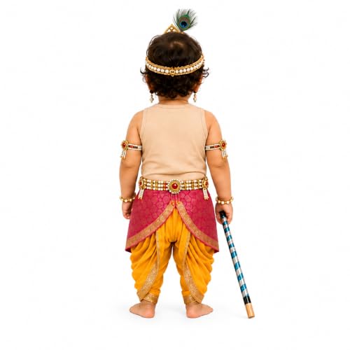 Image of Raj Fancy Dresses Luxury Krishna Pagri for Kids Boys & Girls | Bal Gopal Kanha Janmashtami Turban with 3 Mor Pankh & Pearl Work | Fancy Dress, School Function & Photoshoot Headgear | Only Pagri
