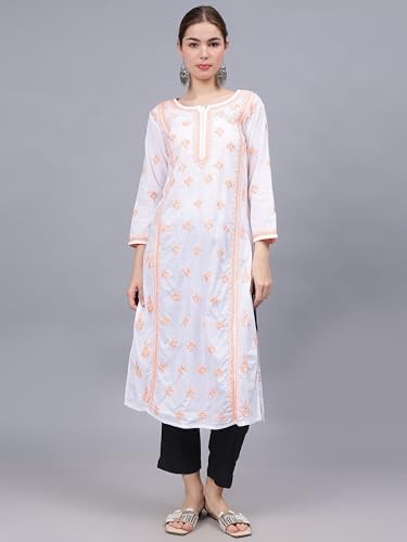 Image of Seva Chikan Hand Embroidered Lucknowi Chikankari Cotton Straight Kurta for Women SCL4567