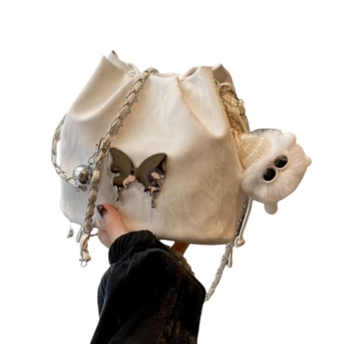 Women Shoulder Bags PU Butterfly Bucket Chain Crossbody Handbags(White)