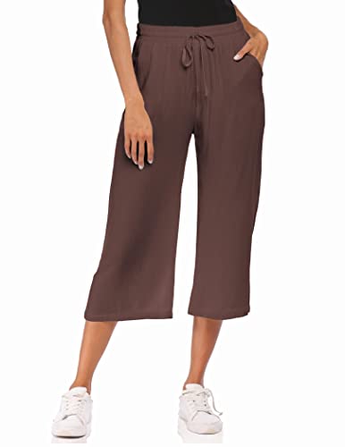 Wildtrest Womens Capris Pants Loose Yoga Pants Wide Leg Crop Pants Drawstring Lounge Pajama Capris Sweatpants with Pockets Dark Brown