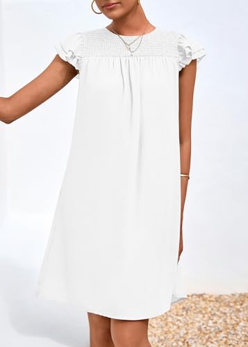 Image of KIRUNDO Wedding Guest Shift Dresses for Women Short Spring Summer Ruffle Cap Sleeve Chiffon Babydoll Flowy Mini Sundress(White, Large)