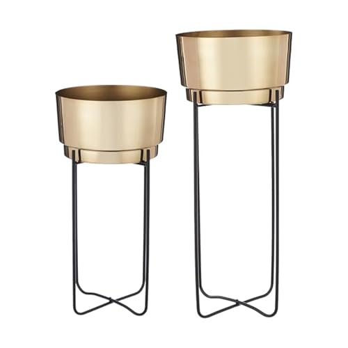 Image of amazon basics Planter Flower Pot with Stand (Set of 2) | for Home decor | (Cylinder Shaped) (Antique Gold and Copper Finish)