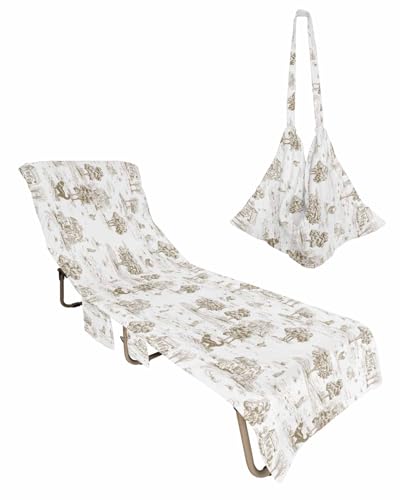 Beige Country Beach Lounge Chair Towel Cover, Soft Chaise Lounge Towel with Side Pockets Patio Pool Chairs Cover for Beach/Pool Sunbathing 29x85 Farmhouse Rustic Tree Animals Abstract