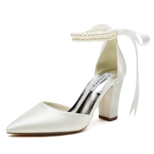 Block Heel Wedding Shoes for Bride Pointed Toe Pearl Wedding Heels Bridal Shoes-Ivory-8.5
