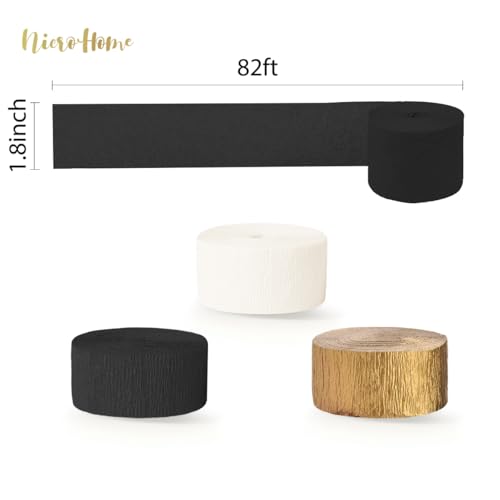 Image of NICROHOME EUR Black Gold Party Decorations, 6 Rolls Crepe Paper Party Streamers for Graduation, Wedding, Birthday, Black and Gold New Years Eve Party Decoration, 82Ft Long