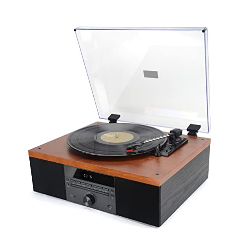 Design unico: questo giradischi vintage ha dimensioni di 42,5x34x19 cm con un elegante finitura in legno ciliegio e nero. La cartuccia in ceramica stereo di alta qualità con ago rubino è protetta con la copertura antipolvere trasparente. Così evitando l'accumulo di polvere e sporcizia.
