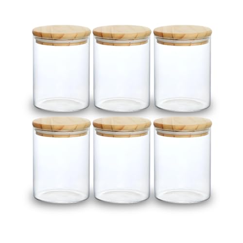 Kit 06 Potes de Mantimentos Herméticos 300ml Pote Redondo de Vidro Tampa De Bambu Premium