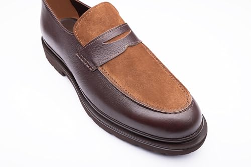 Image of Men's Leather Penny Loafers with Lug Sole - Slip-On Casual Dress Shoes, Full-Grain Leather & Suede Upper, Comfortable Rubber Sole
