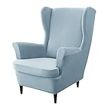 CONRUSER Stretch Wingback Chair Covers, 2 Piece Wing Chair Slipcovers Soft Velvet Armchair Covers with Elastic Bottom for Living Room Bedroom (Light Blue)