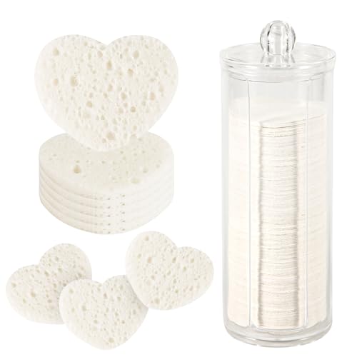 120pcs Facial Sponges, Compressed Facial Sponges with Container Heart Shape Face Sponges Sponge Pads for Face Cleaning Removing Makeup Exfoliating (White)