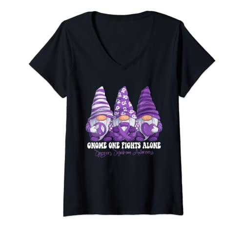 Mujer Sjogren's Syndrome Awareness Mes Purple Ribbon Gnomies Camiseta Cuello V