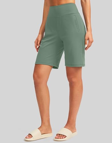 Image of SANTINY Women's 9 inch High Waisted Bermuda Shorts with 4 Pockets Knee Length Long Shorts for Women Workout Athletic Casual